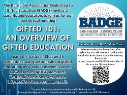 Flyer advertising a virtual meeting for B.A.G.D.E., Bensalem Association to Gifted Education